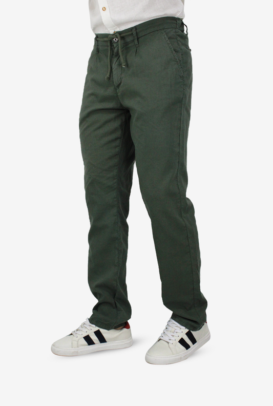 Pantalón En Lino Verde Militar Para Hombre DMPLN001
